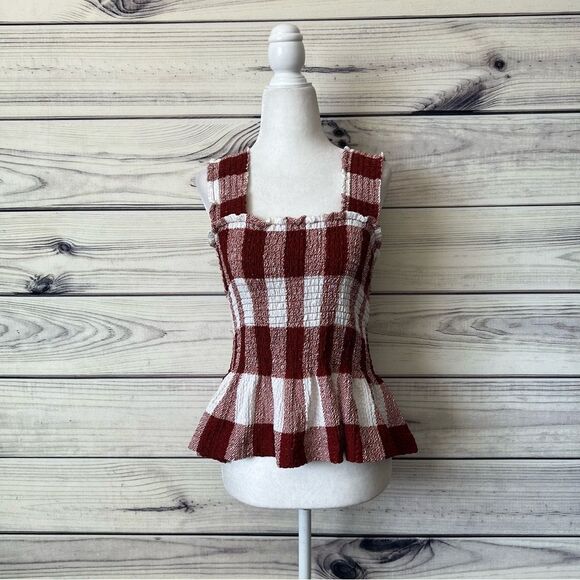 Loft Rust & White Smocked Stretchy Peplum Sleeveless Top - Picture 4 of 10